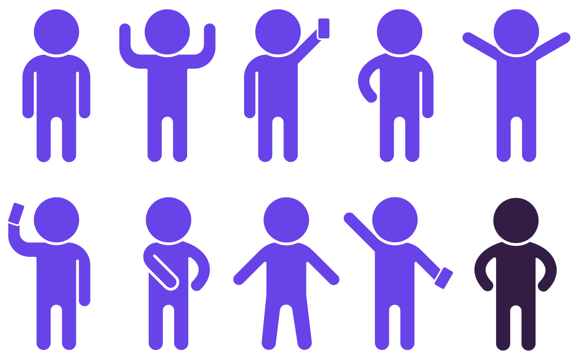 An illustration of 10 people in different poses. 9 of them are in happy poses and 1 of them is in an angry pose.