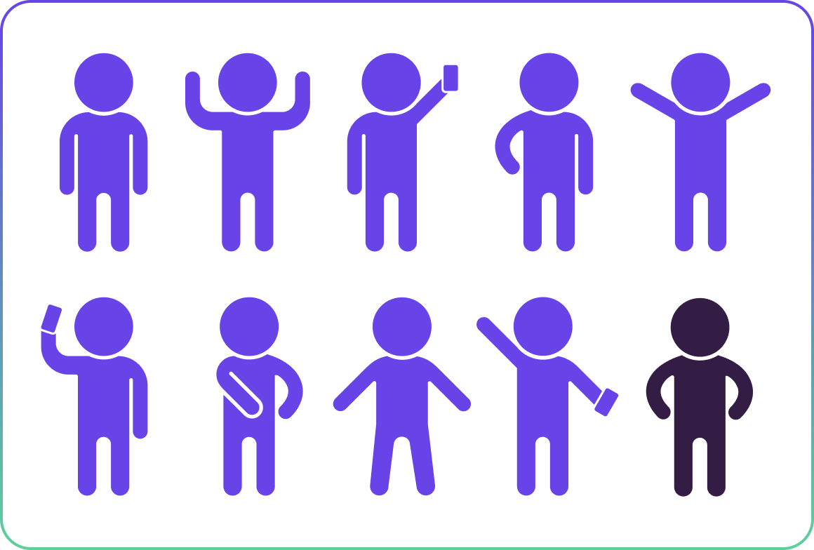 Illustration of 10 figures, 9 in purple in active or happy poses, 1 in black standing with hands on hips.