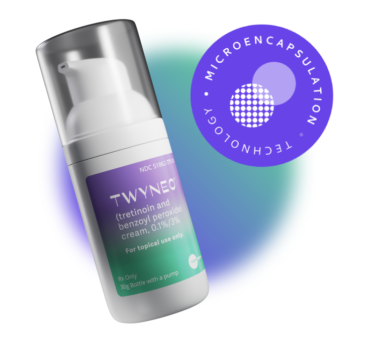 Image of TWYNEO cream on someone's finger and microencapsulation logo.