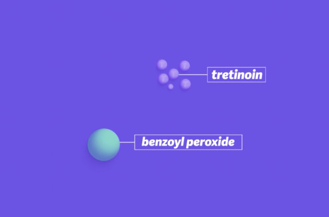 An image of a benzoyl peroxide molecule and tretinoin molecules. Benzoyl peroxide is a single blue-green ball. Tretinoin is several small purple balls.