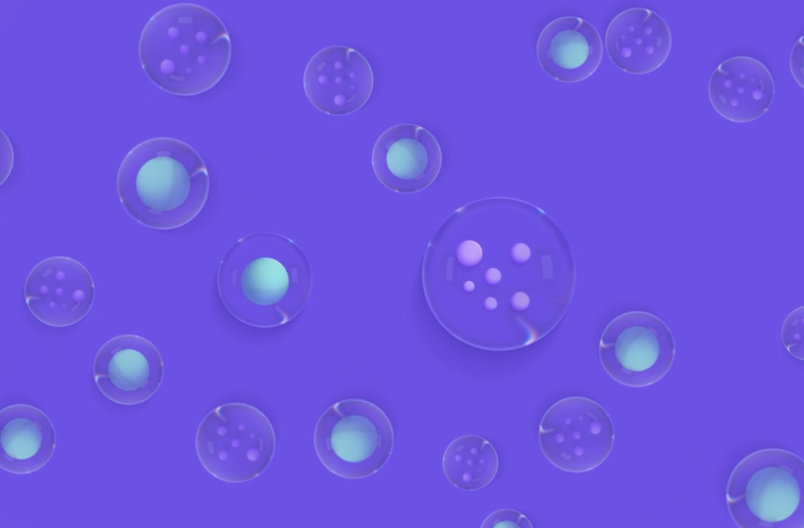 An image of benzoyl peroxide and tretinoin molecules encapsulated separately in transparent spheres.